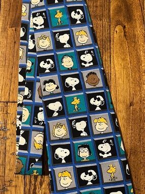 Peanuts Blue Black Gray Multicolor Character Grid Tie